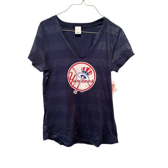 Genuine Merchandise Yankees Top Womens Medium Blue Black Striped Cotton Pullover - Picture 1 of 6